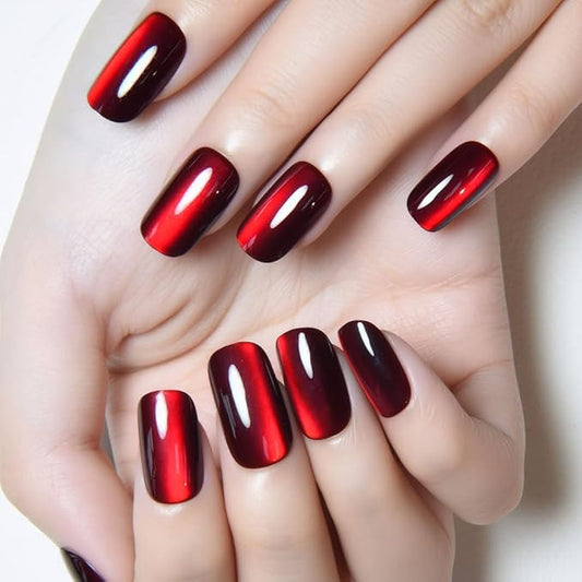 evpct Dark Blood Red Metallic Cat Eye Press on Nails Square Medium, Stick on Nails Medium Length Square for Women, Red Metallic Nail press ons, Iridescent Glitter Halloween Acrylic Fake Press on Nail
