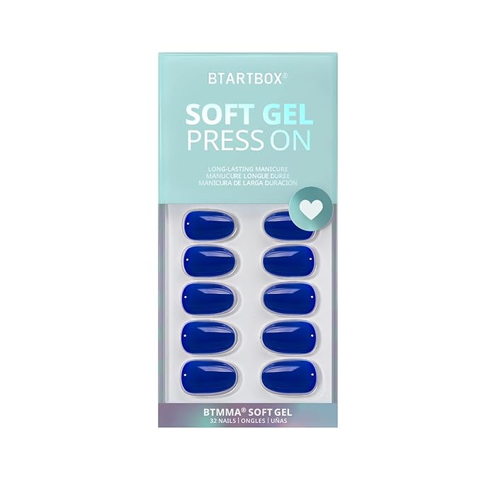 BTArtbox Press On Nails Short - Navy Blue Press On Nails, Short Oval Fake Nails with Nail Glue, Natural Soft Gel Nail Kit, Natural Reusable Glue On Nails in 16 Sizes, Mystic