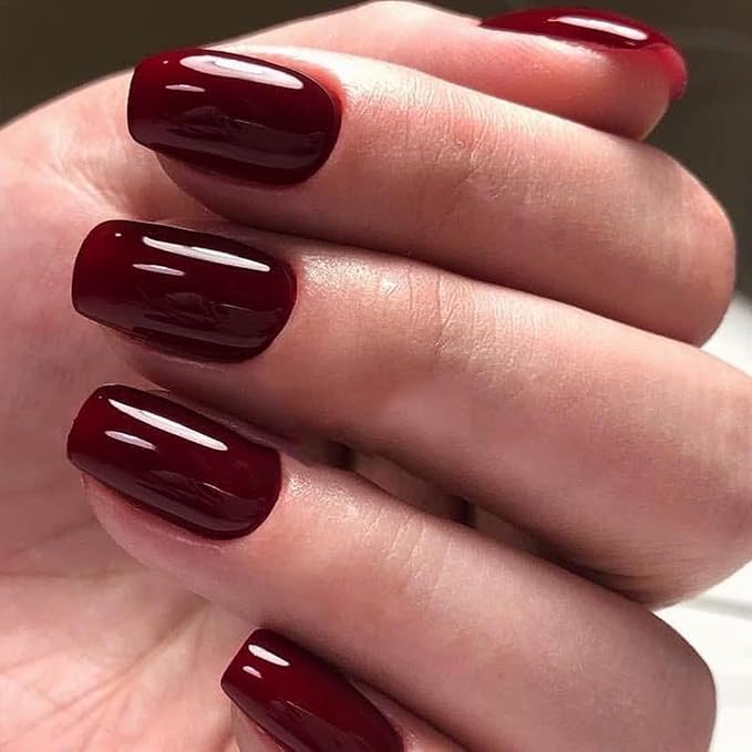 GLAMERMAID Burgundy Press on Nail Medium Square, Dark Red Handmade Jelly Soft Gel Nail Square Fake Nail, Glossy Stick Glue 0n Nail Kit for Women, Reusable Stick on Acrylic Fake Nail Manicure Set