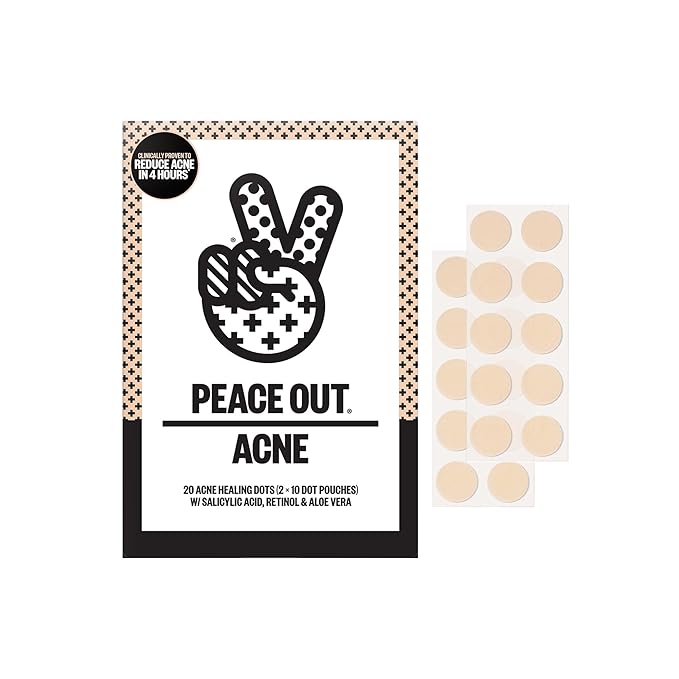 PEACE OUT Acne Healing Dots Hydrocolloid Pimple Patches, Acne Spot Patches with Salicylic Acid, Retinol, and Aloe Vera for Blemishes and Breakouts, 20 Count