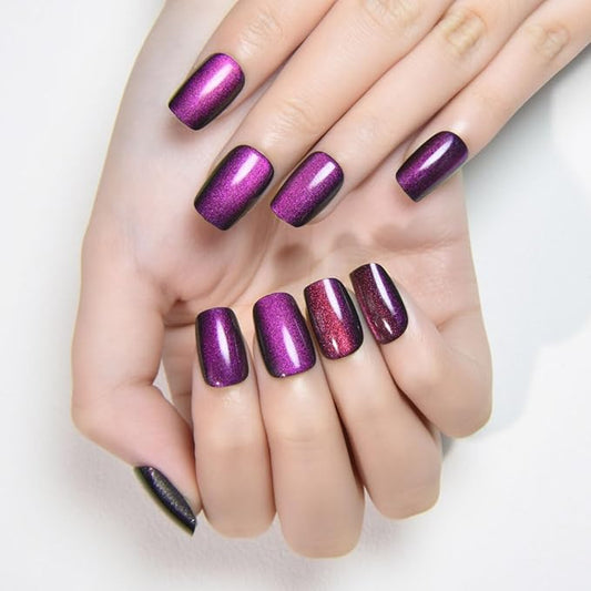 evpct Purple Cat Eye Press on Nails Short Square, Short Square Stick on Fake Nails for Women Gift, Dark Purple Metallic Glitter Glossy Reusable Soft Gel Stick Press on Acrylic False Nail with Designs