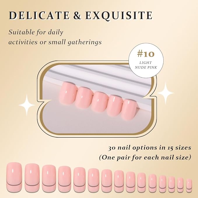 evpct Light Nude Pink Short Press on Nails Square, Glossy Soft Gel Acrylic Fake Press on Nails Manicure Kit, Reusable Artificial Stick on Nail for Women, Full Cover Easy Application Easy At-Home Salon