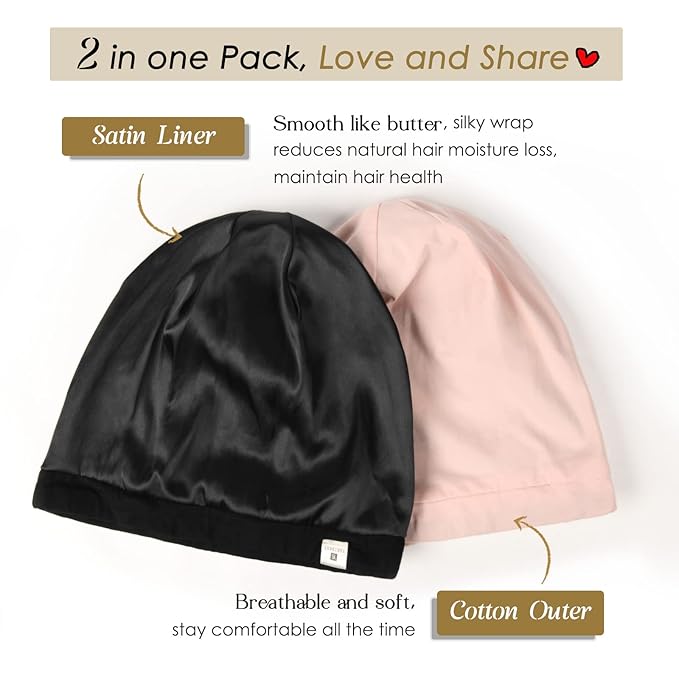 YANIBEST 2 Pcs Silk Satin Hair Cover Sleep Cap - Adjustable Slouchy Beanie Hat for Women
