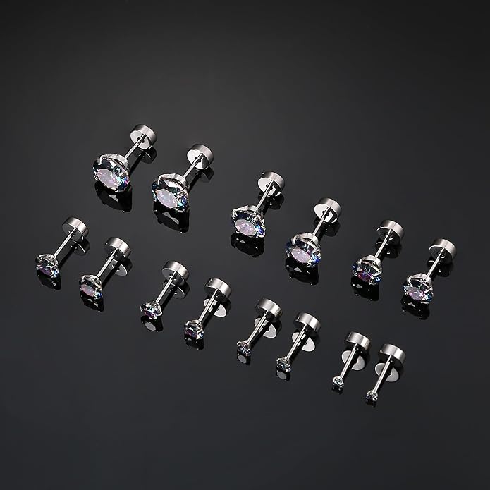Fansilver 20G Hypoallergenic Flat Back Earrings for Women Men Silver 14K Gold Stainless Steel Stud Earrings Brithstone Cubic Zirconia Studs Surgical Steel Cartilage Earrings for Sensitive Ears