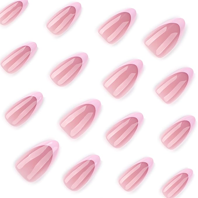 XZMeiLun French Tip Press On Nails Spring Summer Acrylic Nails for Women -Pink Flower Designer Fake Nails Short Almond 24Pcs,Outing/Party Reusable Glue On Stick On Nail Gift For Women