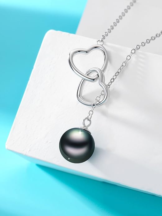 KANNSOAR Tahitian Black Pearl AAAA 18K White Gold Plated Sterling Silver Double Heart Pendant Y Necklace for Women Wife Mom Girlfriend Valentine Her Jewelry Gift for Anniversary Birthday