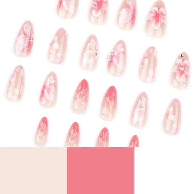 24Pcs Pink Press on Nails Medium Almond Fake Nails with 3D Flower Petal Design Nail Tips Stick on Nails False Nails Spring Summer Floral Acrylic Nail Glue on Nail for Women Parties Dates Wear