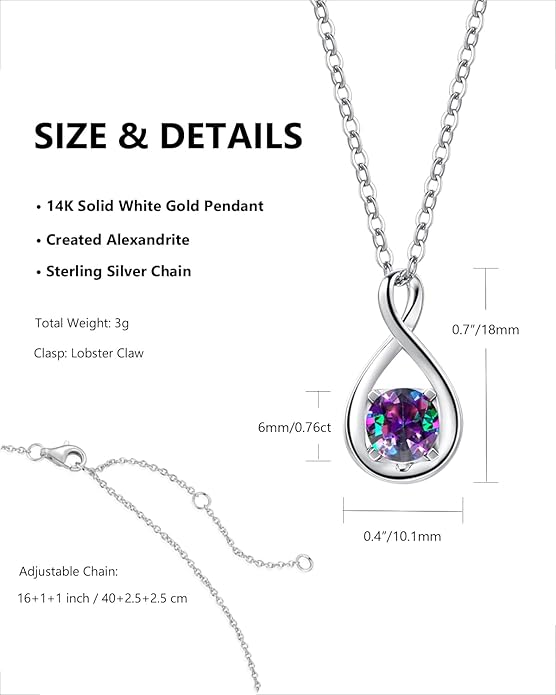 FANCIME 14K Solid Gold Birthstone Pendant with Sterling Silver Chain Infinity Gemstone Necklace Fine Jewelry Anniversary Birthday Christmas Gifts for Women Wife Her
