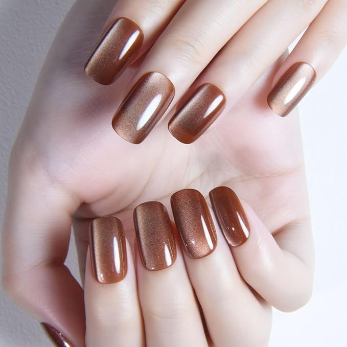 Nude Brown Cat Eye Press on Nails Medium Square, Medium Square Press Stick on Nails Chrome for Women Gift, Brown Holographic Glitter Glossy Reusable Soft Acrylic Fake Nail with Design Cateye Effect