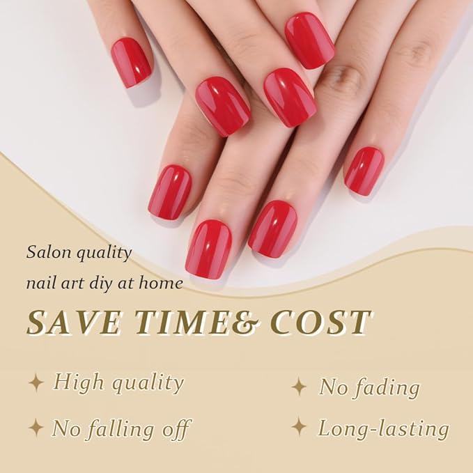 evpct Acrylic Red Glossy Press on Nails Short Square, Glossy Red Fake Nails Summer Reusable False Nail Stick on Press ons for Women Gifts, Perfectly Fit Durable False Nail Kit with Gel Gel 30Pcs