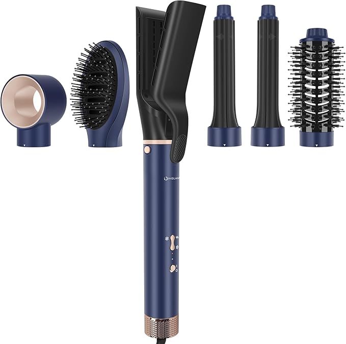 6-in-1 Hair Dryer Brush, 110,000 RPM High Speed Hair Dryer with Air Straightener, 28mm AUTO Curlers, IG INGLAM MegaAIR 2.0 Multi-Styler Set Volumizing and Shape, Prussian Blue