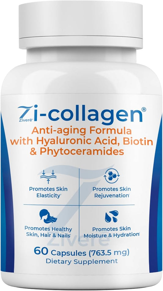 Zi-Collagen Marine Collagen Capsules for Skin, Hair & Nails - Advanced Beauty Formula with Phytoceramides, Hyaluronic Acid, Biotin & Vitamins A, C, D3 & E (60 Capsules)