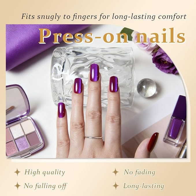 evpct Purple Blue Metallic Cat Eye Press on Nails Square Medium, Stick on Nails Medium Length Square for Women, Purple Metallic Nail press ons, Iridescent Glitter Halloween Acrylic Fake Press on Nail