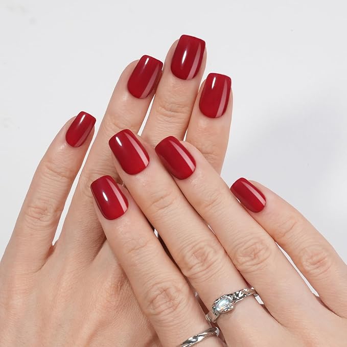 Wine Red Press on Nails Short, Jofay Fashion Glossy Red Valentines Fake Nails with Nail Glue, Square Glue on Nails, Natural Acrylic False Nails, Stick on Nails for Women Gift, Gel Nail Kit, 24pcs