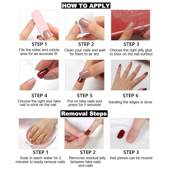 RikView Long Press on Nails Pink Fake Nails with 3D Design Coffin Nails Glossy Full Cover Nails for Women 24 PCs/Set