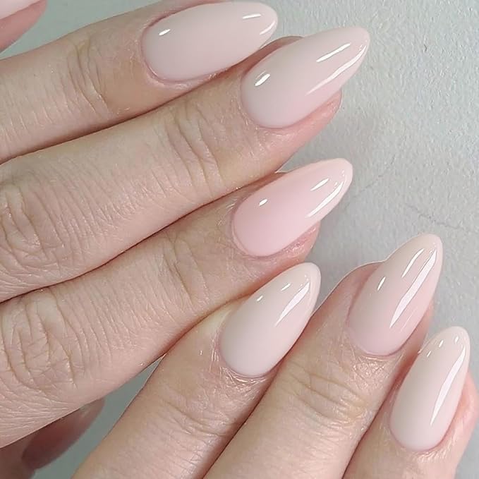 GLAMERMAID Press on Nails Medium Almond, Spring Summer Nude Gel Glue on Nail, Glossy Short Stiletto Reusable UV Finish Fake Nails Acrylic False Nails Manicure Kits for Women
