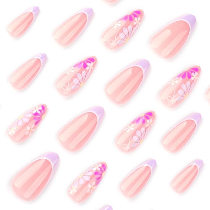 XZMeiLun Purple French Tip Press On Nails Spring Summer Acrylic Nails for Women - Purple Flower Designer Fake Nails Short Almond 24Pcs, Outdoor Picnic/Wedding/Party Reusable Glue On Stick On Nails