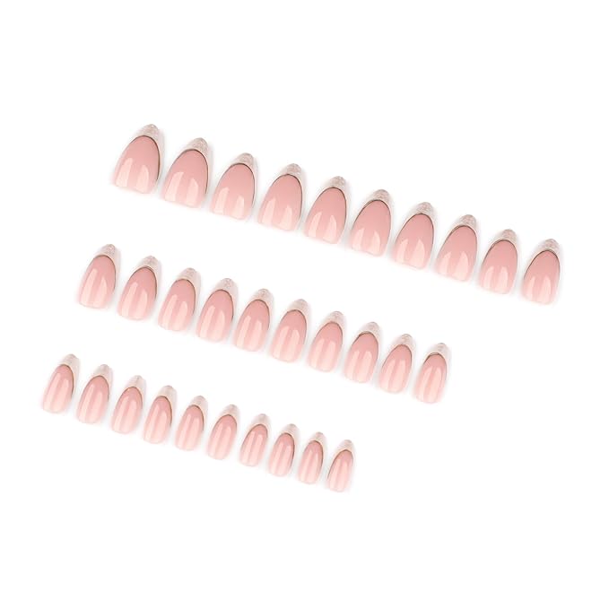 XZMeiLun Gold Line Grey French Tip Press On Nails Almond Short, French Tips Designer Reusable Acrylic Nails Press Ons, Fake Nails With Glue On, Daily Wear Floral False Nails For Women