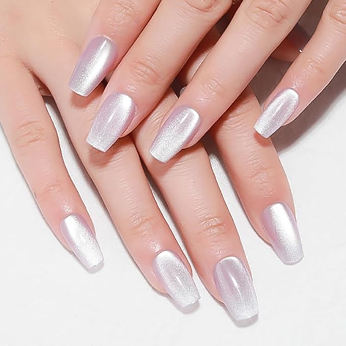evpct Cat Eye Coffin Press on Nails Square Medium, Medium Square Stick on Nails for Women Gift, Light Lavender Purple Metallic Glitter Glossy Reusable Spring Summer Gel Press on Fake Nail with Designs
