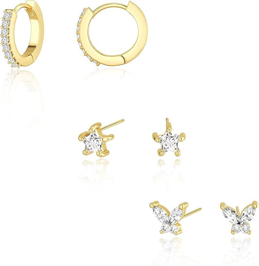 Freekiss 3 Pairs Gold Hoop Earrings Set: Dainty Stud Earrings Trendy Small 14K Gold Plated Hypoallergenic Dangle Cartilage Huggie Hoop Earrings for Women Gold Jewelry for Women Gifts