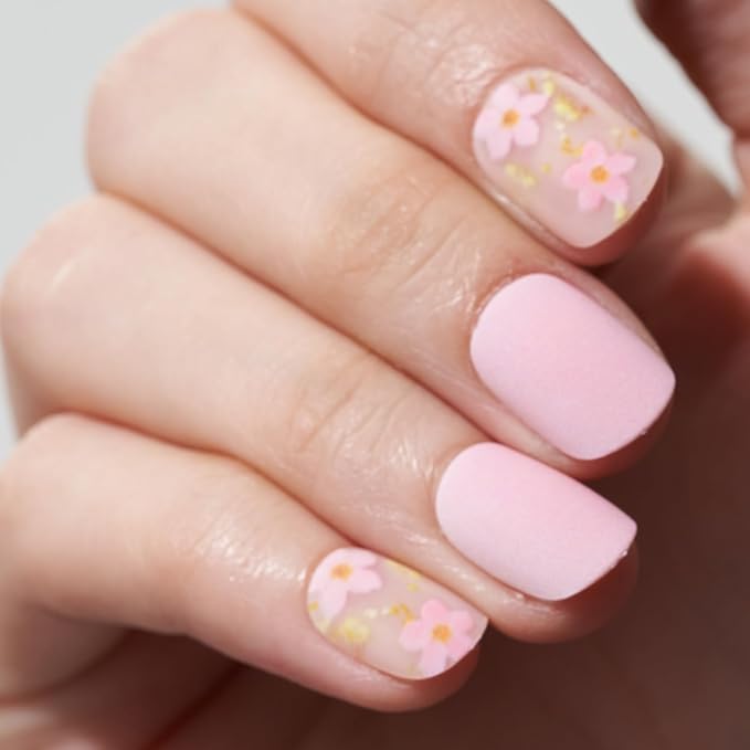 GLAMERMAID Light Pink Extra Short Press on Nails, Spring Summer Floral Fake Nails Short Squoval with Sakura Design, Matte Square Glue on Nails, Acrylic False Nails, Glossy Round Fake Nails for Women