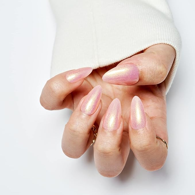 GLAMERMAID Press on Nails Medium Almond, Handmade Glossy Gel Nude Pink Golden Glitter Galaxy Fake Nails Shinny Stiletto, Short Oval Pearl Shimmer Acrylic False Nail Kits Stick Glue on Nails for Women