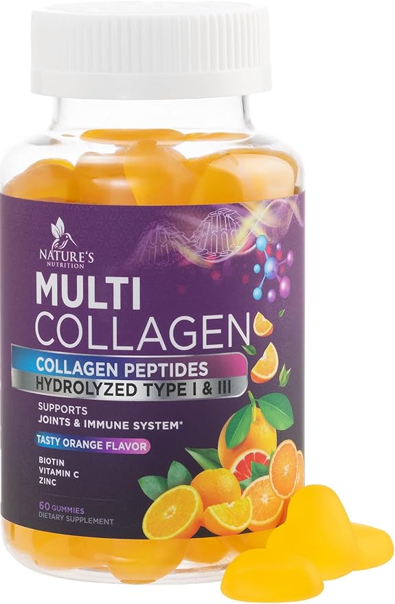 Collagen Gummies with 2500 mcg Biotin - Hydrolyzed Peptides Protein Type I & III Multi Collagen Supplement with Vitamin C & Zinc - Support for Hair, Skin, Nails, Tasty Orange Flavor - 60 Gummies