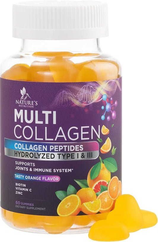 Collagen Gummies with 2500 mcg Biotin - Hydrolyzed Peptides Protein Type I & III Multi Collagen Supplement with Vitamin C & Zinc - Support for Hair, Skin, Nails, Tasty Orange Flavor - 60 Gummies