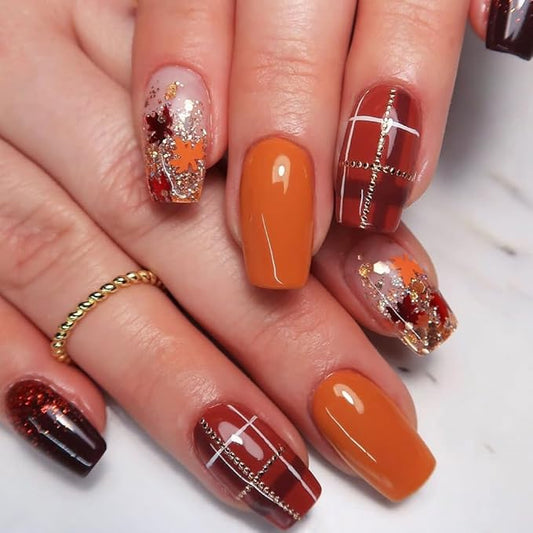 XZMeiLun Fall Press On Nails Medium Square, Autumn Orange Wine Acrylic Press On Nails, Lattice Maple Leaf Glitter Designer Reusable Fake Nails, Glue On Nail Press Ons for Hallows' Day Women