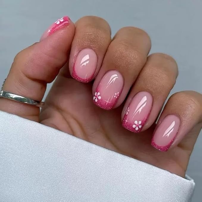Short Press on Nails Square - Rose Red, French Tip Fake Nails with Flower Design - Glitter Glossy Full Cover Stick on False Nails - for Women 24 Pcs