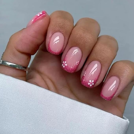 Short Press on Nails Square - Rose Red, French Tip Fake Nails with Flower Design - Glitter Glossy Full Cover Stick on False Nails - for Women 24 Pcs