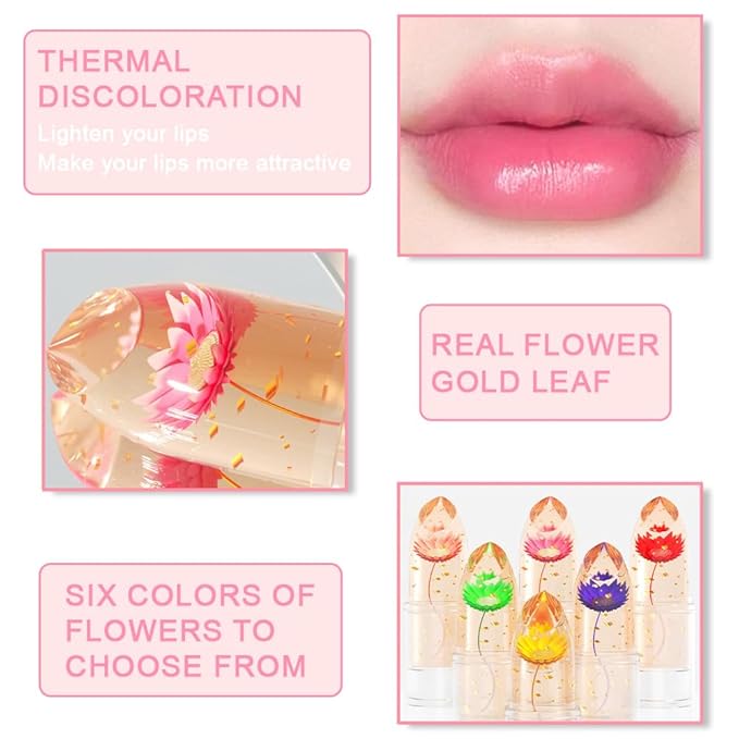 BINGBRUSH 3 Pcs Crystal Flower Jelly Color Changing Lipstick,Long Lasting Lip Care Moisturizer Lip Balm Magic Color Change Lip Gloss Lip Tint Stain Matte Makeup Lipstick