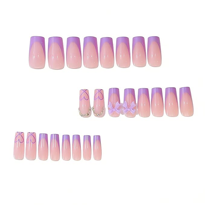 CTTHNBD Medium Press on Nails Coffin - Purple French Tip Fake Nails with Bow Charms Design - Heart False Nails Press ons - for Women 24 Pcs