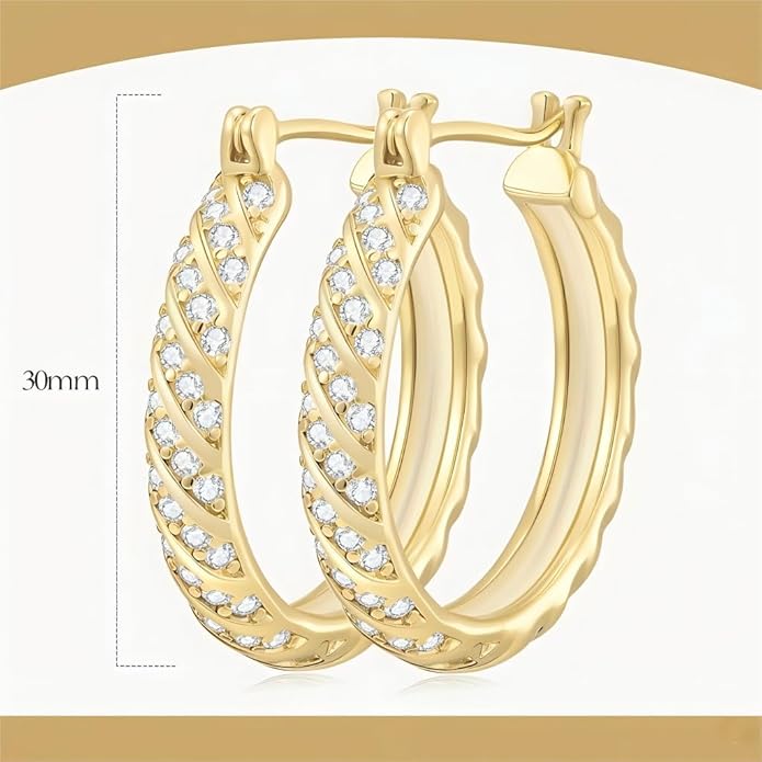 14K Gold Plated Hoop Earrings for Women 14K Gold Plated Earrings Jewelry Spiral Cubic Zirconia Thick Hoops Hypoallergenic Womens Huggie Earring 25/30MM