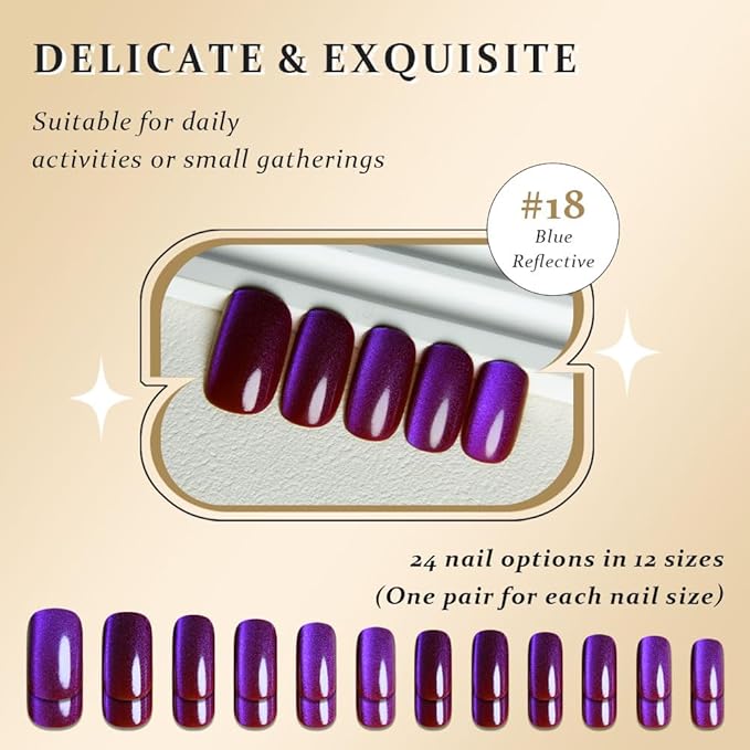 evpct Purple Blue Metallic Cat Eye Press on Nails Square Medium, Stick on Nails Medium Length Square for Women, Purple Metallic Nail press ons, Iridescent Glitter Halloween Acrylic Fake Press on Nail