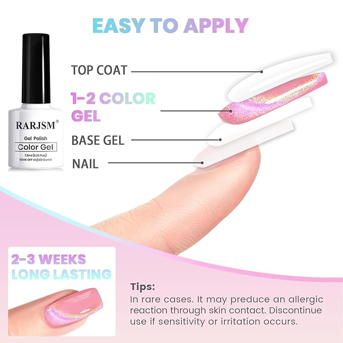 RARJSM Nude Pink Holographic Rainbow Glitter Cat Eye Gel Nail Polish Set 6Pcs Blue Rose Pink Purple Green Orange Galaxy Aurora Cateye Glitter with Magnetic Stick UV LED Curing Require Home Salon