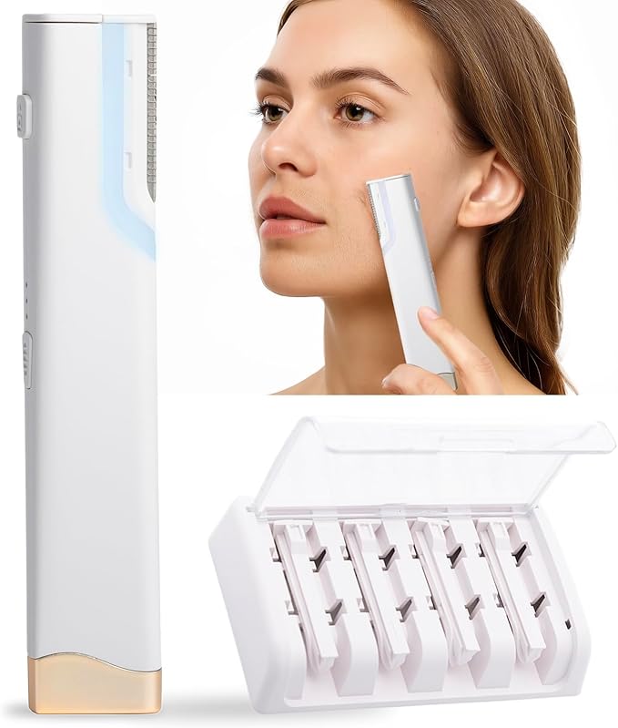 Dermaplane Facial Razor for Women – Electric 3-Speed Sonic Face Hair Removal Tool with LED Light, Peach Fuzz Remover & Exfoliating Dermaplaning Tool, USB-C Rechargeable with 5 Replacement Heads
