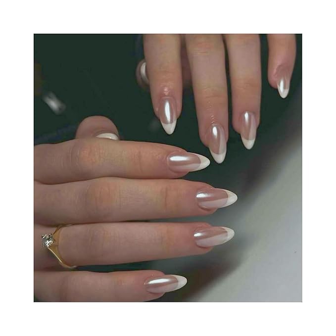 SHELWIN French Press On Nails Ready-To-Wear DIY Manicure Stick On Cat Eye Nails kit for Women 24 Pcs Short Medium Coffin Almond Shaped False Nails Gifts（Almond White）