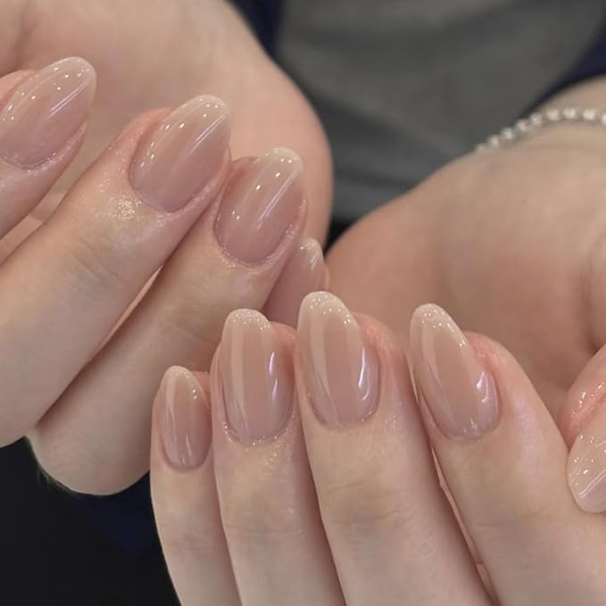 XZMeiLun Nude Brown Jelly Press On Nails Short Almond, Glossy Design Acrylic Fake Nails with Full Cover Stick on Nails,Reusable Glue-On Stickers for Fashion False Nails for Women Gift