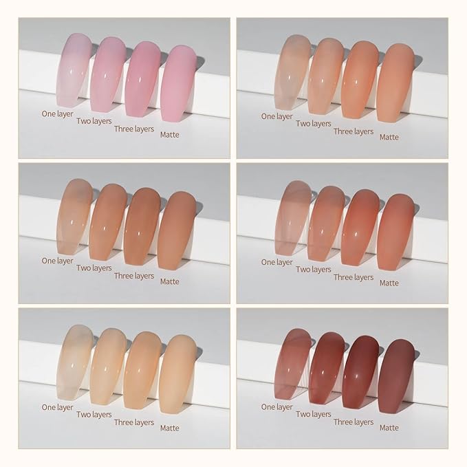RARJSM Nude Gel Polish Set Pinky Purple Jelly Gel Nail Polish of 6 Transparent Colors Clear Apricot Orange Sheer Brown Coffee Summer Autumn LED UV Soak Off French Manicure Curing Requires 7.5ml