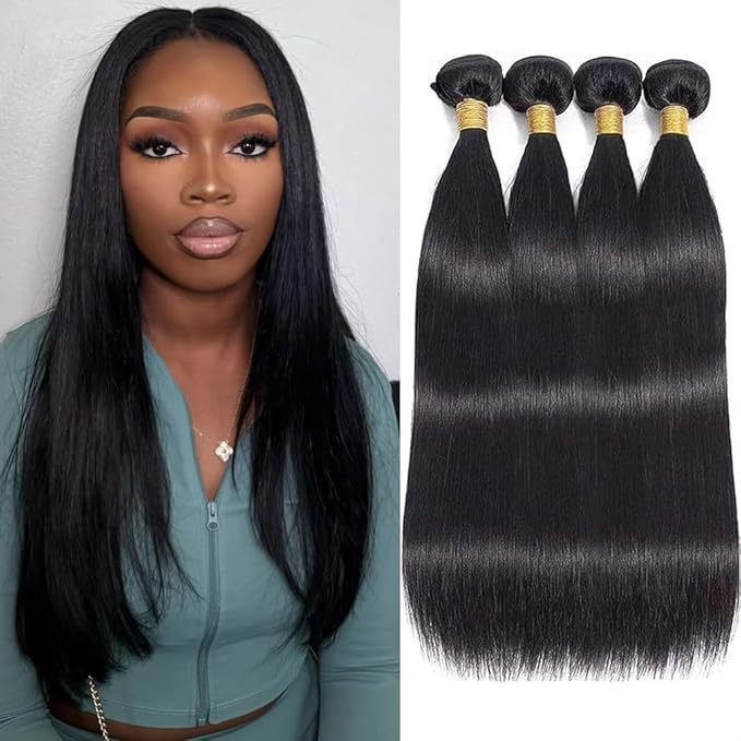 Brazilian Straight Human Hair Bundles 14 16 18 20 Inch Sew In Hair Extensions 400g/Pack, Straight Quick Weave 4 Bundles Deals Human Hair Double Weft Full and Thick Black Color