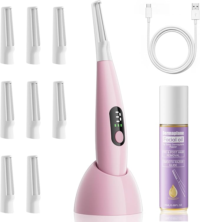 Sonic Dermaplane Razor for Women Face with 8 Replaceable Blades, Facial Oil, Rechargeable Dermaplane Razor for Facial Hair & Peach Fuzz, Sonic Technology with 3 Speeds, Dermaplaning Tool for Women