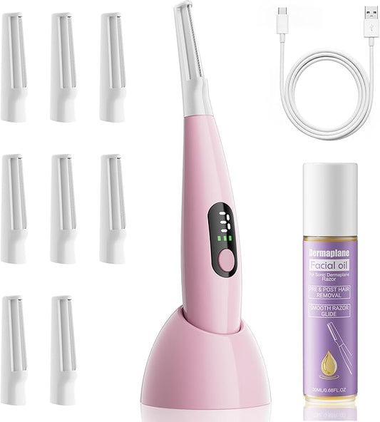 Sonic Dermaplane Razor for Women Face with 8 Replaceable Blades, Facial Oil, Rechargeable Dermaplane Razor for Facial Hair & Peach Fuzz, Sonic Technology with 3 Speeds, Dermaplaning Tool for Women