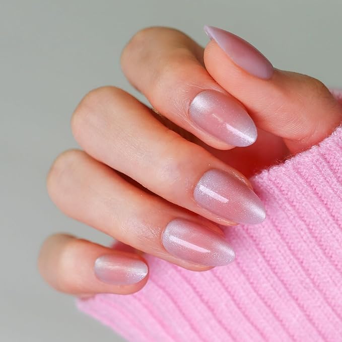 LAMIMOSA 32Pcs Cat Eye Press On Nails Short Almond – Soft Gel Fake Nails in 16 Sizes, Reusable Glue on Nails Kit, PEACHY BLUSH