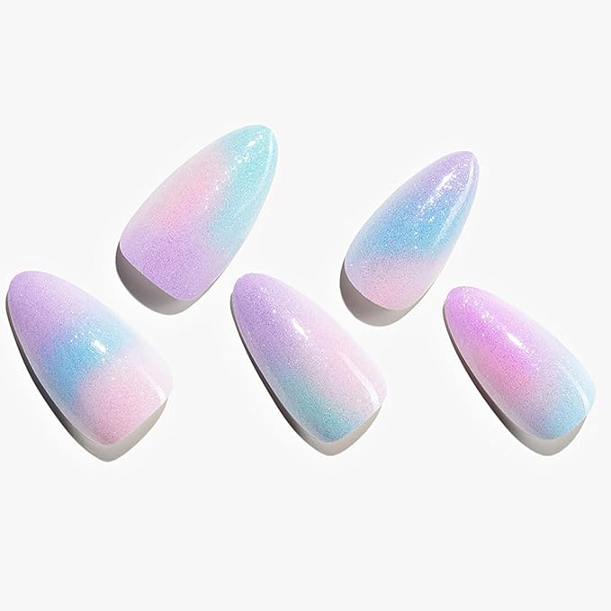 GLAMERMAID Press on Nails Medium Almond, Purple Blue Ombre Gel Glue on Nail, Colorful Cloud Glossy Short Stiletto Reusable UV Finish Fake Nails, Hazy Acrylic False Nails Manicure Kits for Women