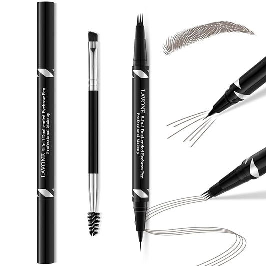 LAVONE 2-IN-1 Dual-ended Waterproof Eyebrow Pencil, 4 Tip Microblading Pen and Ultra-Precise Brow Pencil, Dual-ended Eyebrow Brush, Natural Looking-Grey
