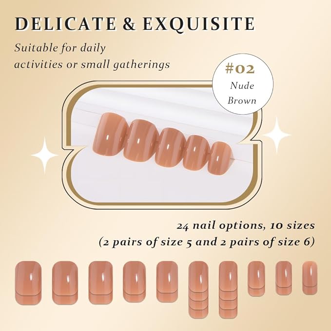 evpct Nude Brown Short Press on Nails Square, Glossy Soft Gel Acrylic Fake Press on Nails Manicure Kit, Reusable Artificial Stick on Nail for Women, Full Cover Easy Application Easy At-Home Salon