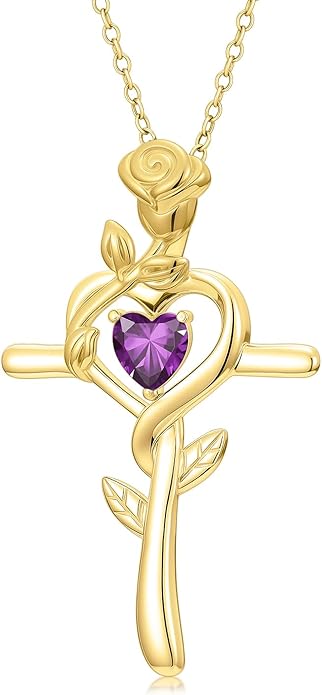 Midari 18K Yellow Gold Cross Pendant Rose Birthstone Necklaces for Women Christian Cross Jewelry with 12 Months Birthstone Birthday Gifts for Wife Her Daughter Mom