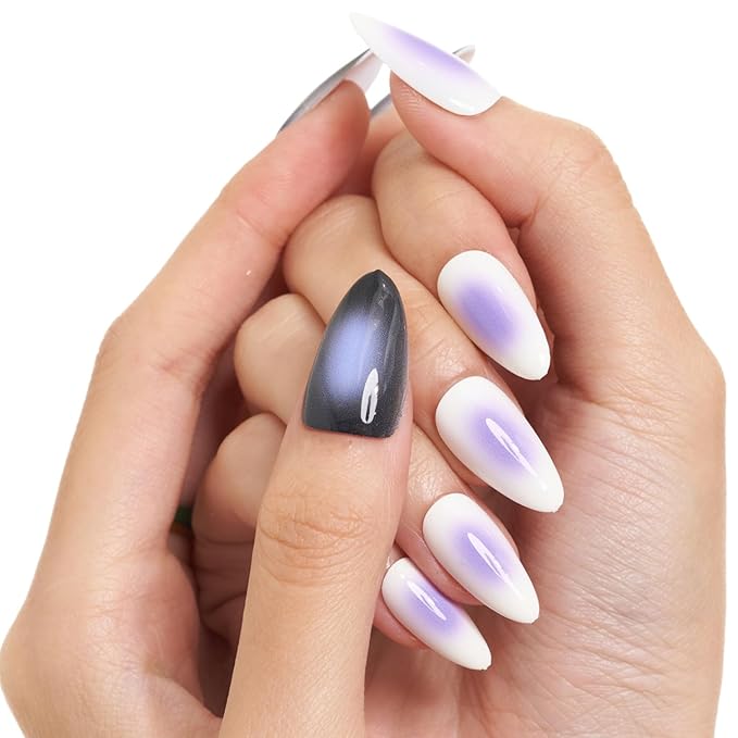 GLAMERMAID Black White Ombre Press on Nails Medium Almond, Purple Aurora Fake Crush Nails, Stiletto Fake Nails, Short Oval Stick Glue on Nails Tips for Women, Reusable Acrylic False Nail Kits