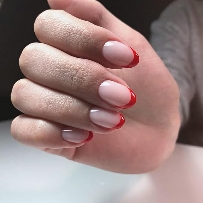 Modelones Red French Tip Press on Nails Short, Valentines Oval Fake Nails, Reusable Nail Kit with Nail Glue Adhesive Tabs Mini Nail File, Nails Press Ons 32Pcs 16Sizes, Women Girl Gift